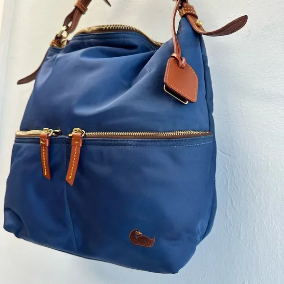 Dooney & Bourke Navy Nylon Shoulder Bag with Brown Leather Trim - Picture 2 of 9